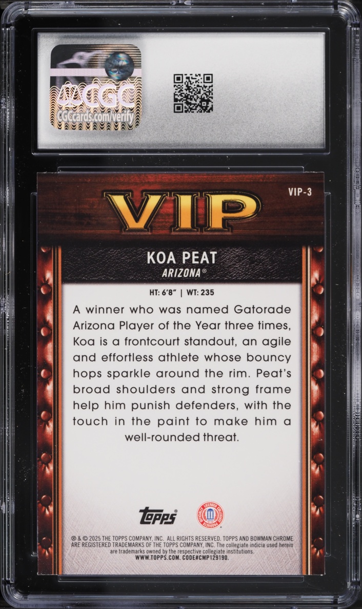 2025 Bowman Very Important Prospects Aqua Refractor Koa Peat ROOKIE /125 #VIP-3 CGC 10 GEM MINT