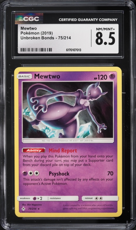 2019 Pokemon Sun & Moon Unbroken Bonds Mewtwo #75 CGC 8.5 NM-MT+