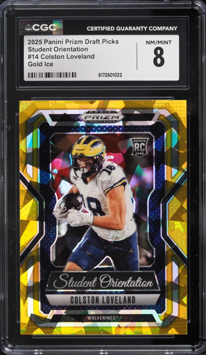 2025 Panini Prizm Draft Picks Student Orientation Gold Ice Colston Loveland ROOKIE #14 CGC 8