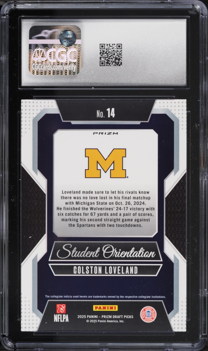 2025 Panini Prizm Draft Picks Student Orientation Gold Ice Colston Loveland ROOKIE #14 CGC 8