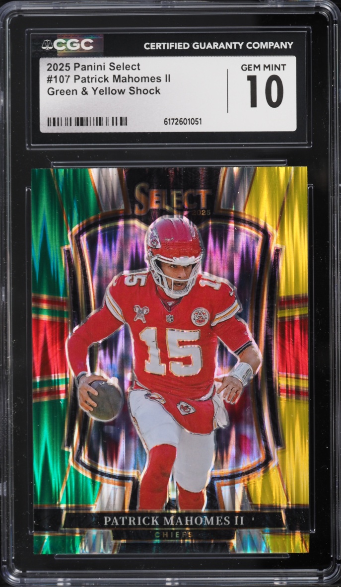 2025 Select Premier Level Green & Yellow Shock Patrick Mahomes II #107 CGC 10 GEM MINT