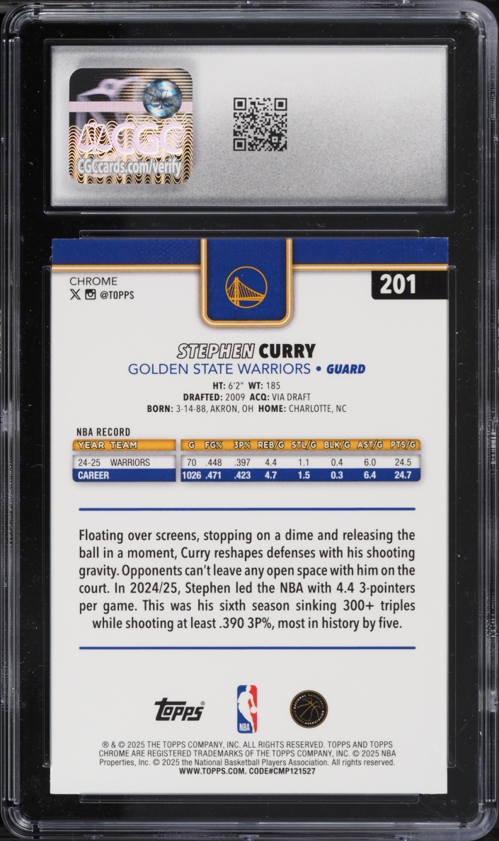2025 Topps Chrome Teal Refractor Stephen Curry /299 #201 CGC 10 GEM MINT