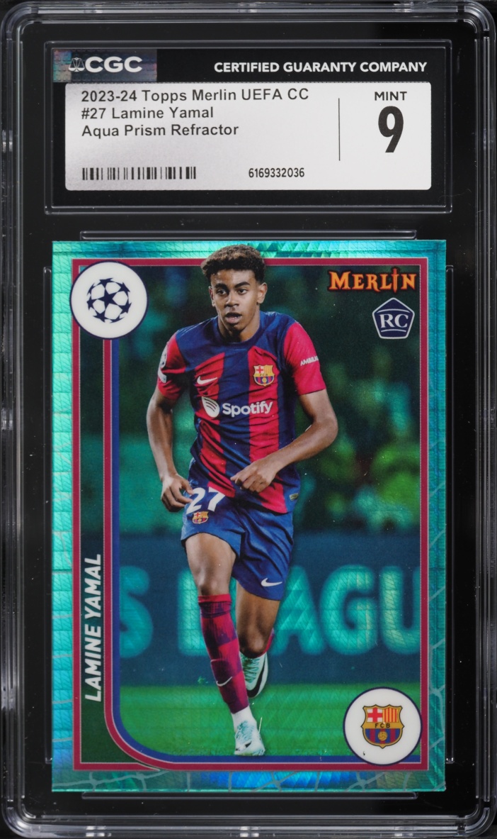 2023 Topps Merlin UEFA Club Competitions Aqua Prism Refractor Lamine Yamal ROOKIE #27 CGC 9