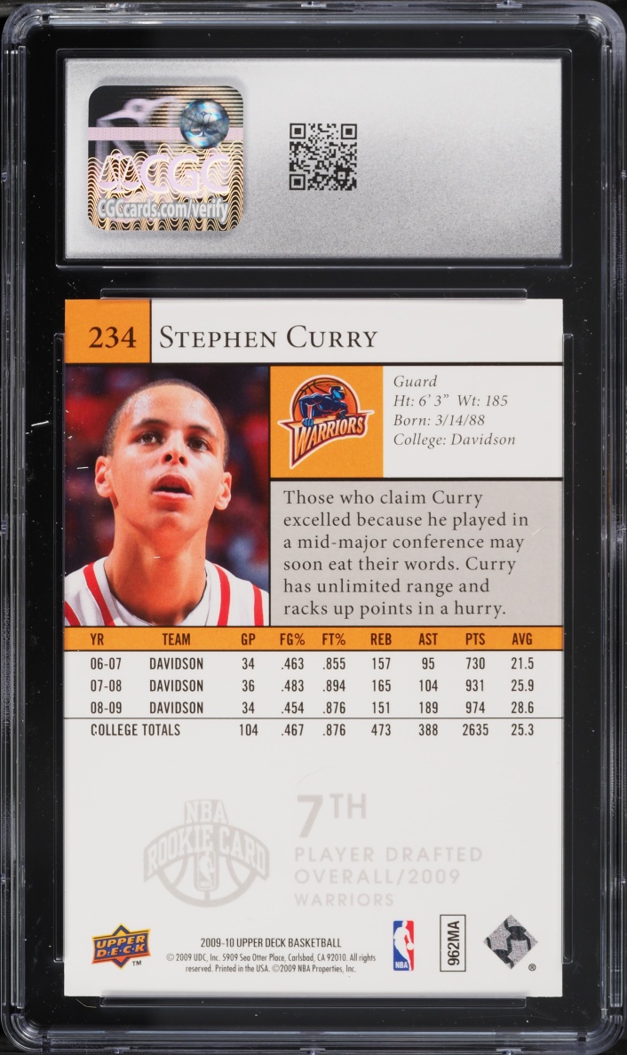 2009 Upper Deck Basketball Stephen Curry ROOKIE #234 CGC 9 MINT