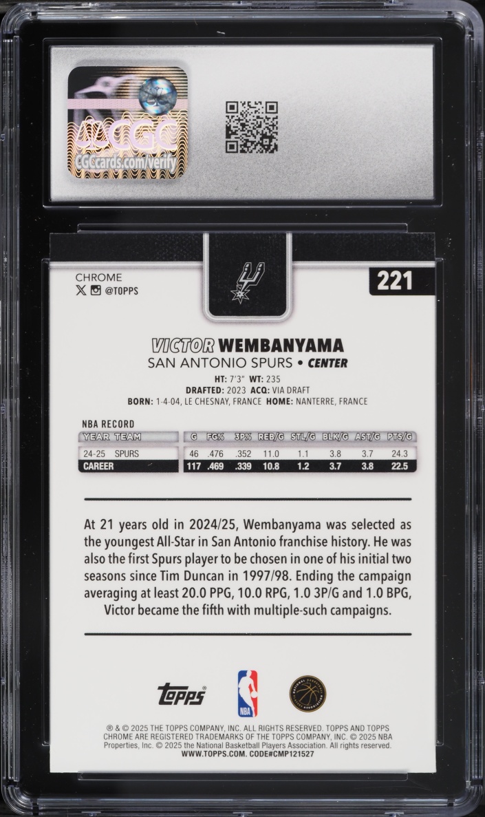 2025 Topps Chrome Raywave Refractor Victor Wembanyama #221 CGC 9 MINT