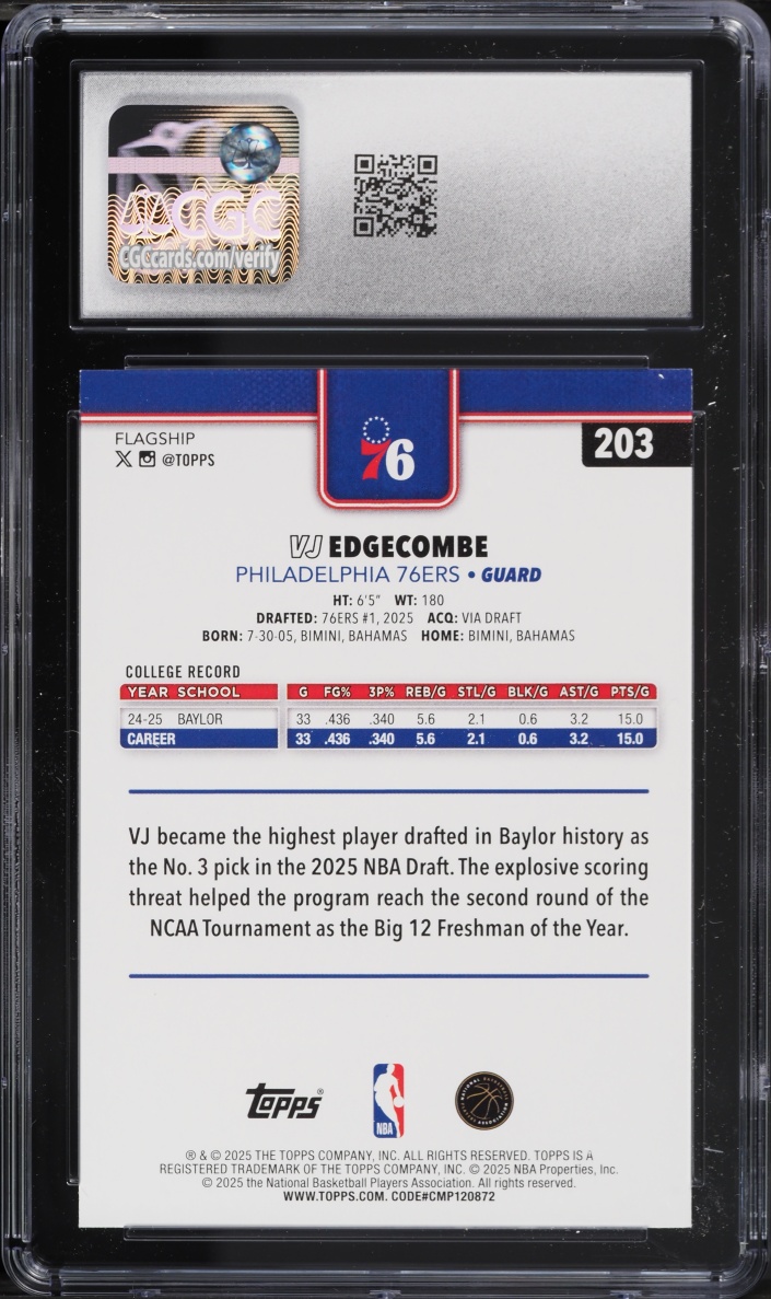 2025 Topps Basketball VJ Edgecombe ROOKIE #203 CGC 10 GEM MINT