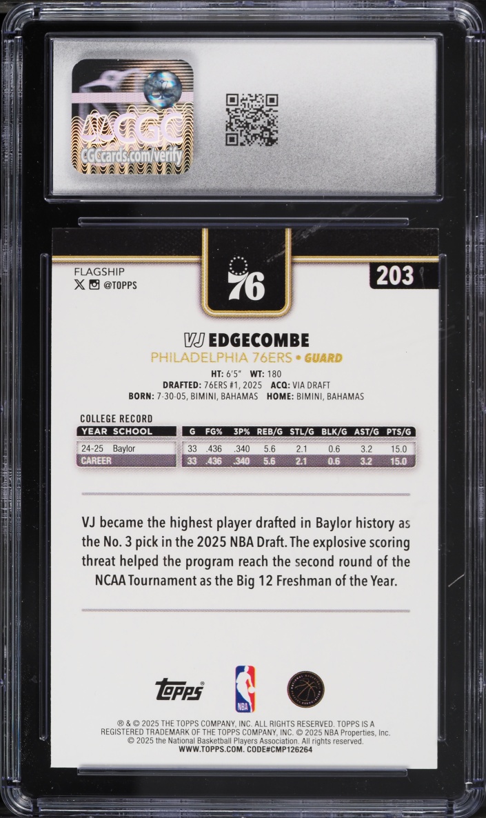 2025 Topps Blackout VJ Edgecombe #203 CGC 10 GEM MINT