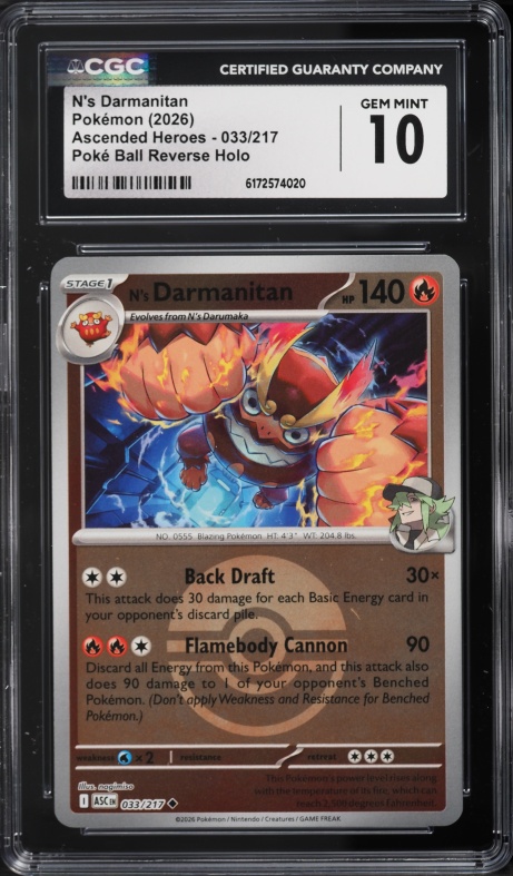 2026 Pokemon Mega Evolution Ascended Heroes Poke Ball Reverse Holo N's Darmanitan #033 CGC 10