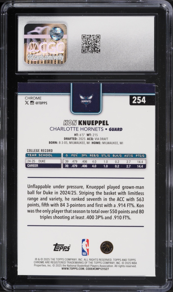2025 Topps Chrome Refractor Kon Knueppel ROOKIE #254 CGC 8.5 NM-MT+