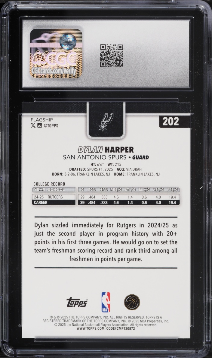 2025 Topps Holo Foil Dylan Harper ROOKIE #202 CGC 10 GEM MINT