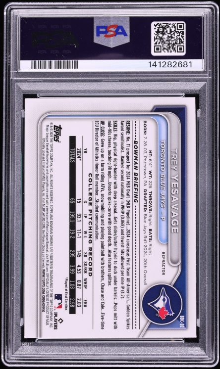 2024 Bowman Draft Chrome Refractor Trey Yesavage PROSPECT #BDC-92 PSA 10 GEM MINT