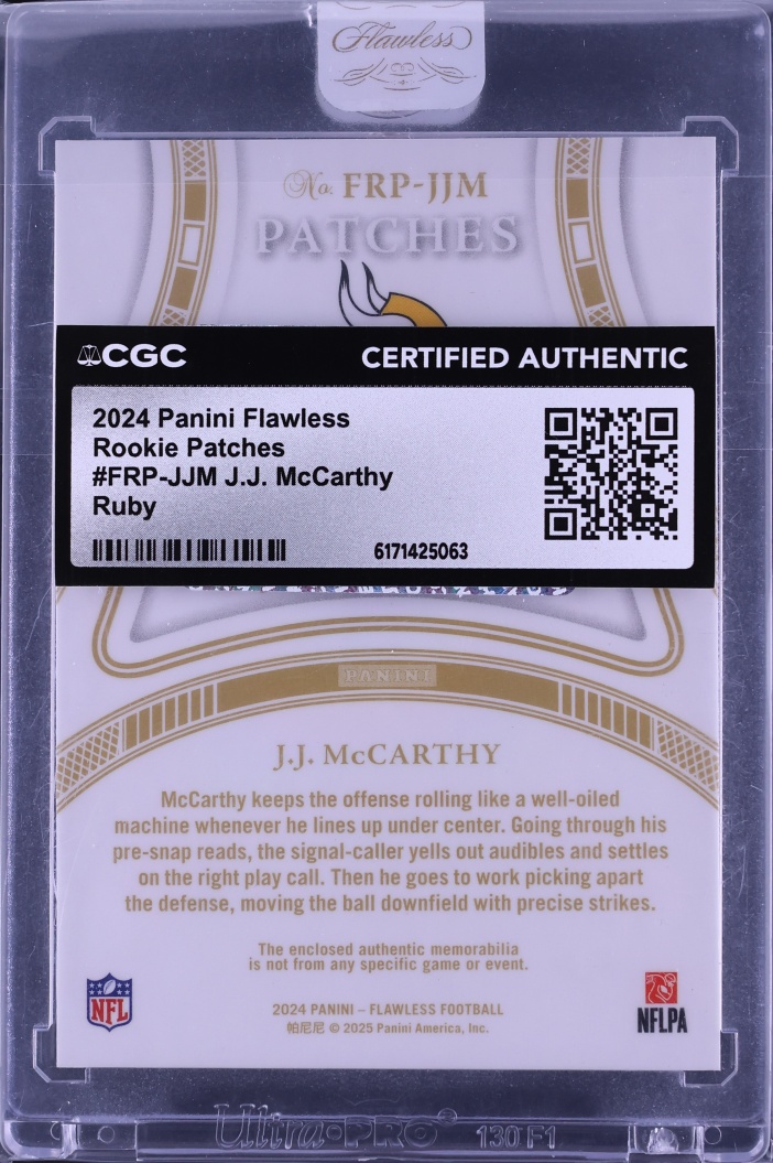 2024 Panini Flawless Ruby J.J. McCarthy ROOKIE PATCH /15 #FRP-JJM CGC AUTH