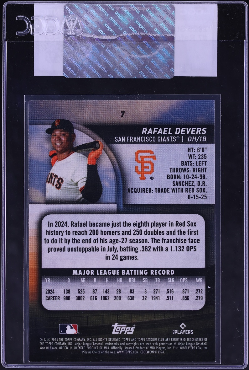 2025 Stadium Club Rafael Devers #7 CGC AUTH