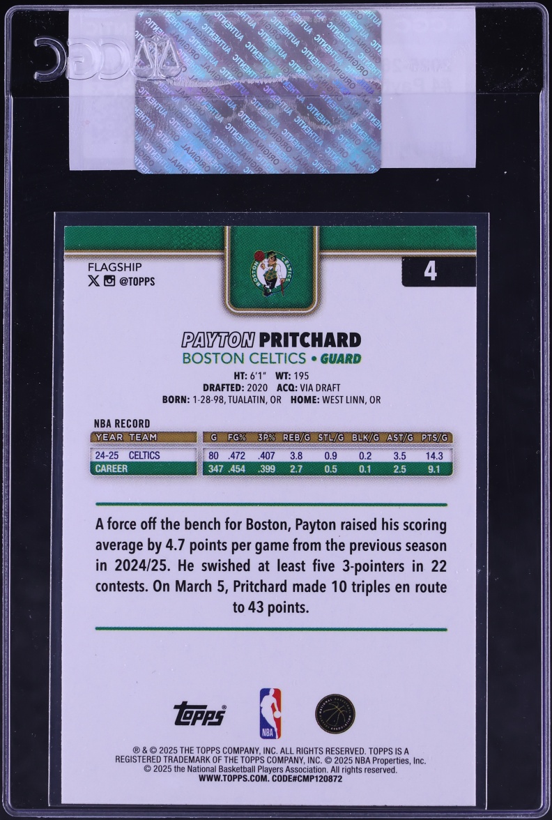 2025 Topps Basketball Payton Pritchard #4 CGC AUTH