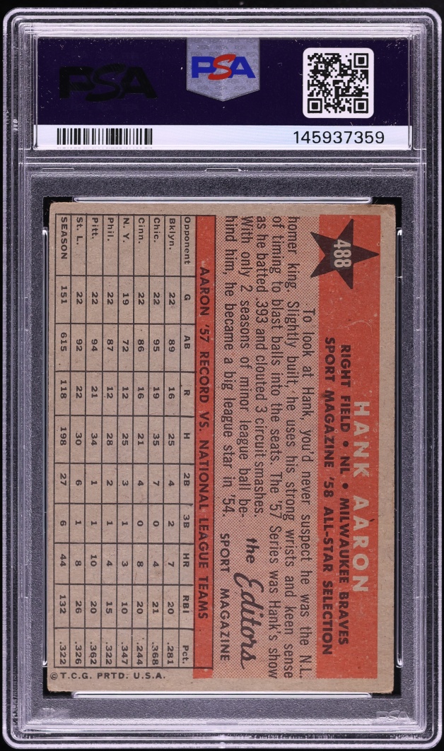 1958 Topps All Star Selection Hank Aaron #488 PSA 2.5 GD+