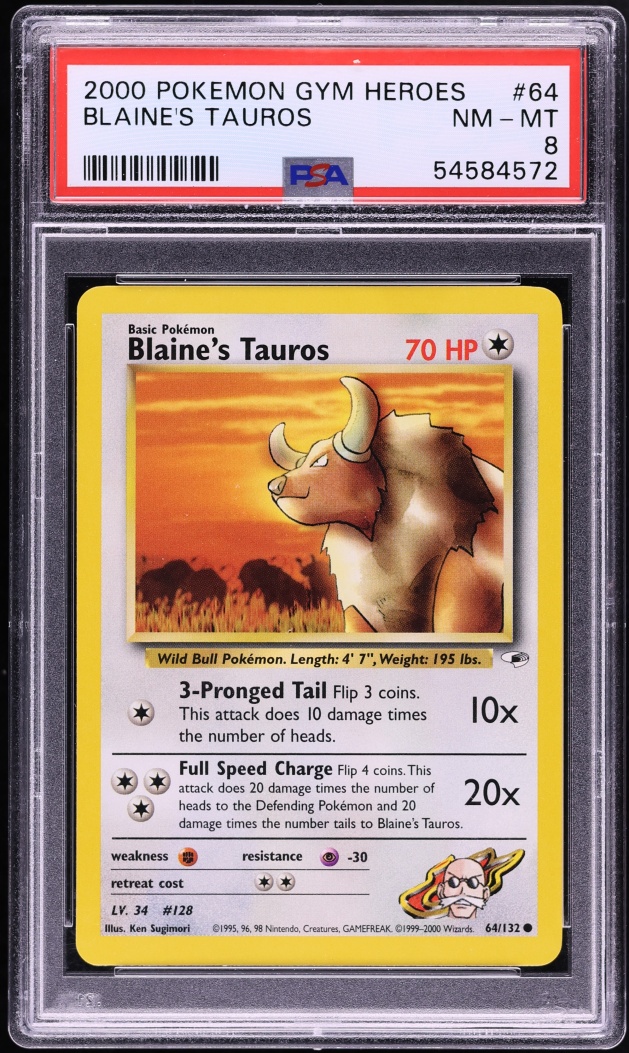 2000 Pokemon Gym Heroes Blaine's Tauros #64 PSA 8 NM-MT