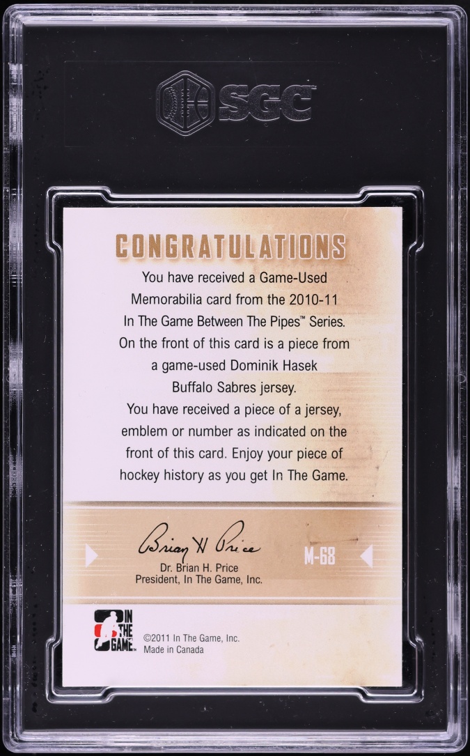 2010 In The Game Between The Pipes Game-Used Silver Vault Dominik Hasek PATCH 1/1 SGC 9.5