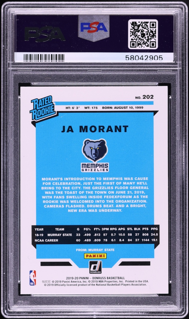 2019 Donruss Basketball Ja Morant ROOKIE #202 PSA 10 GEM MINT