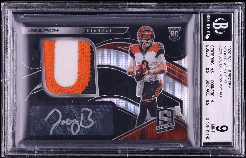 2020 Panini Spectra Neon Black Light Joe Burrow ROOKIE PATCH AUTO /10 #201 BGS 9 MINT