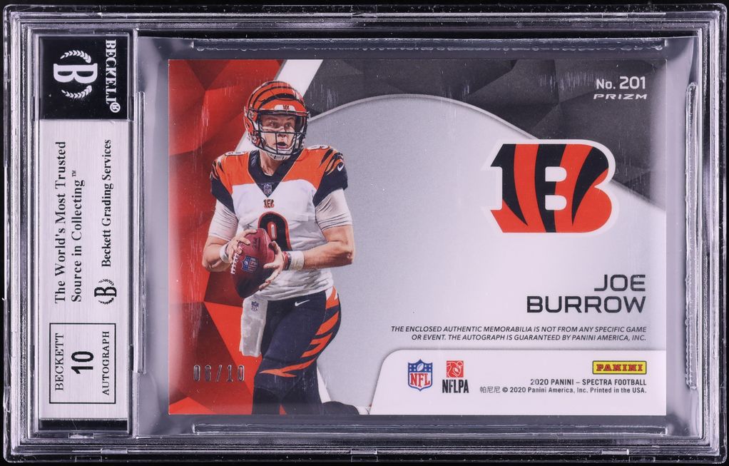 2020 Panini Spectra Neon Black Light Joe Burrow ROOKIE PATCH AUTO /10 #201 BGS 9 MINT