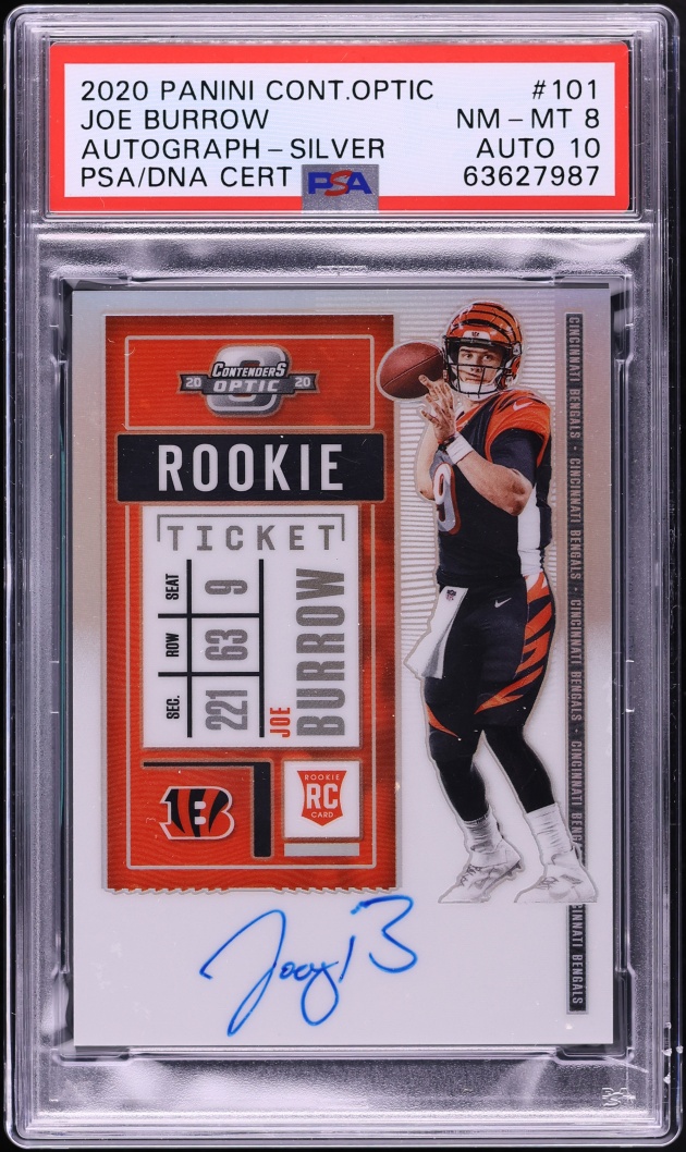 2020 Panini Contenders Optic Silver Prizm Joe Burrow ROOKIE AUTO DNA 10 #101 PSA 8 NM-MT