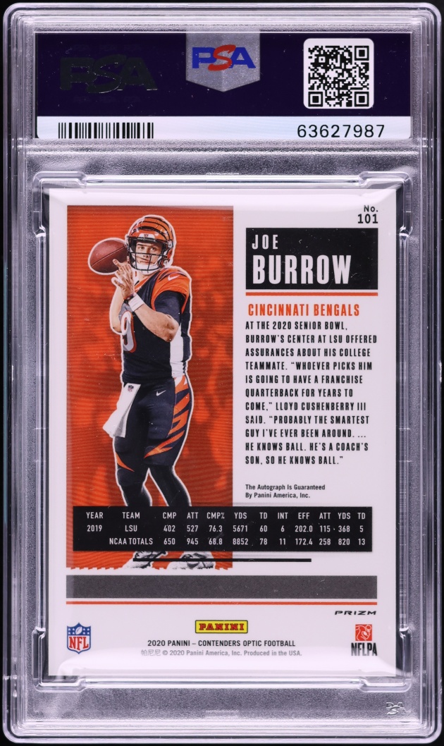 2020 Panini Contenders Optic Silver Prizm Joe Burrow ROOKIE AUTO DNA 10 #101 PSA 8 NM-MT