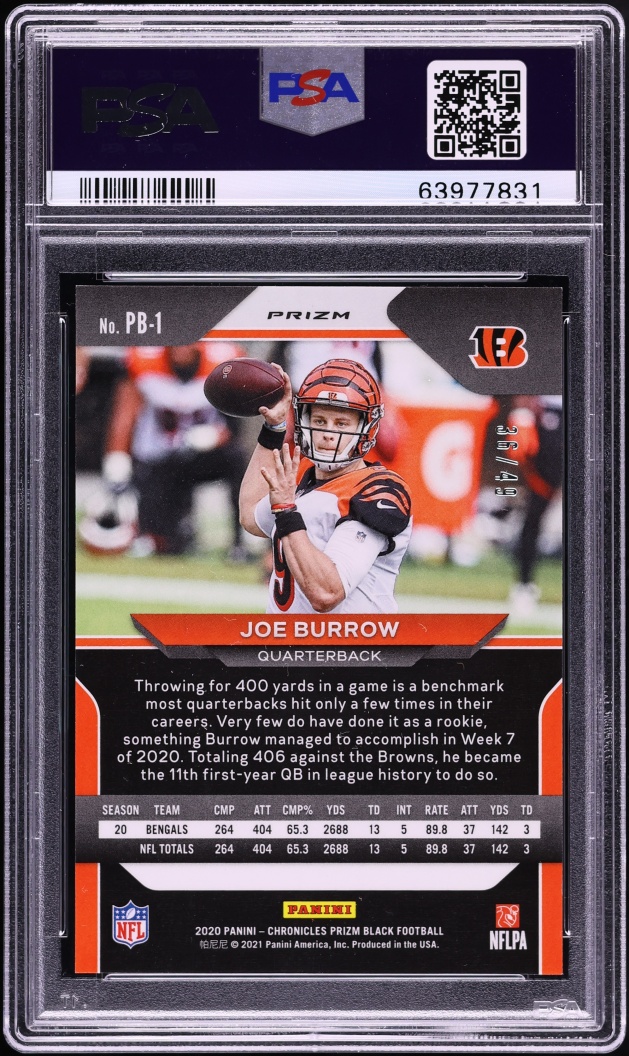 2020 Panini Chronicles Prizm Black Green Joe Burrow ROOKIE /49 #PB1 PSA 10 GEM MINT