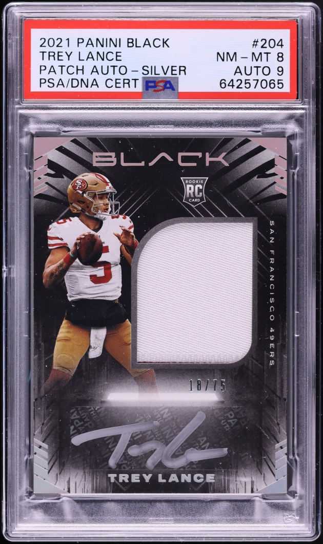 2021 Panini Black Silver Trey Lance ROOKIE PATCH AUTO DNA 9 /75 #204 PSA 8 NM-MT