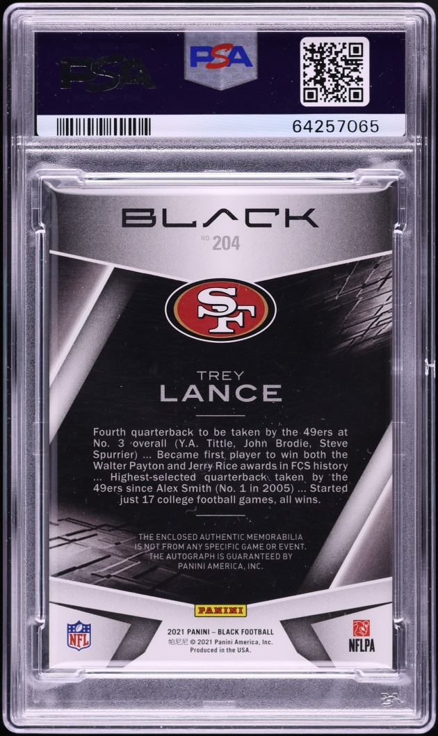 2021 Panini Black Silver Trey Lance ROOKIE PATCH AUTO DNA 9 /75 #204 PSA 8 NM-MT