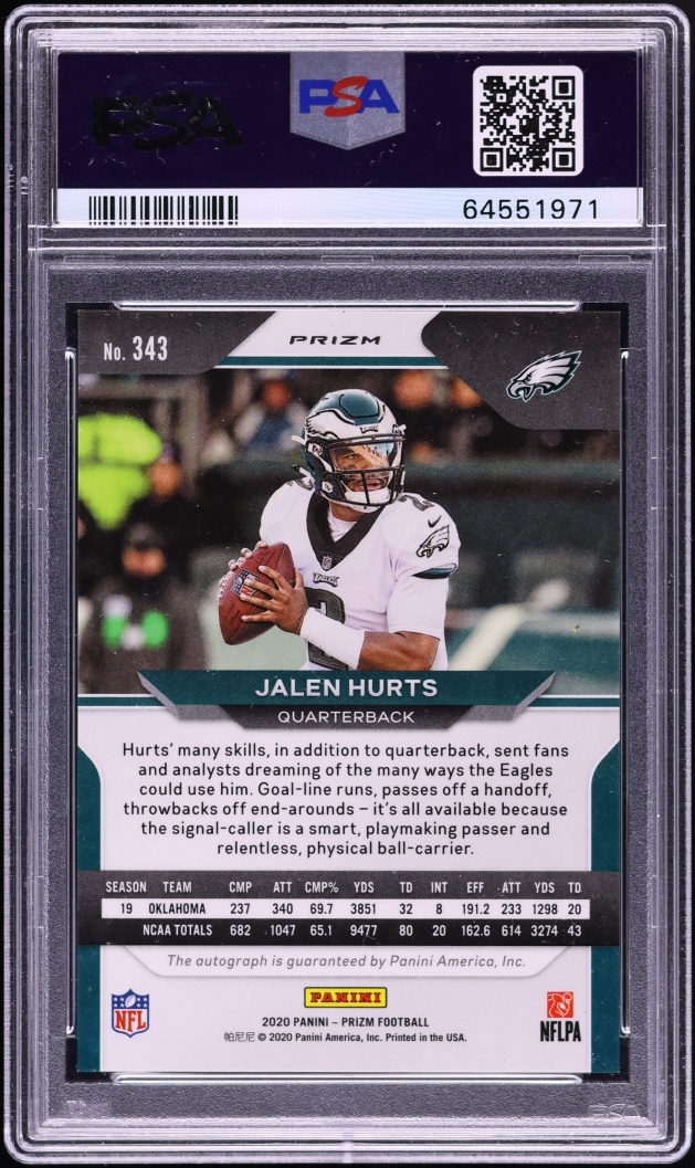 2020 Panini Prizm No Huddle Jalen Hurts ROOKIE AUTO #343 PSA 10 GEM MINT