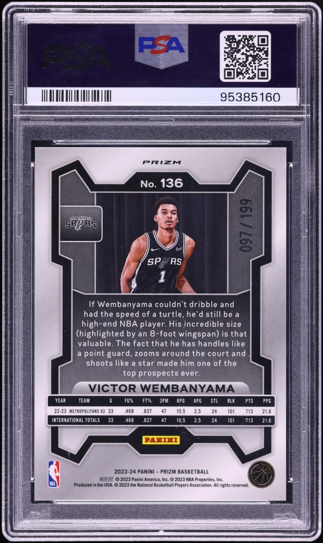2023 Panini Prizm Blue Victor Wembanyama ROOKIE /199 #136 PSA 9 MINT