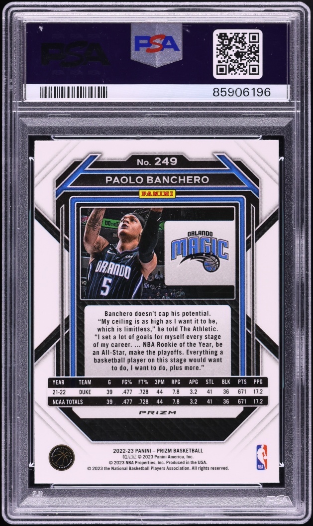 2022 Panini Prizm Silver Paolo Banchero ROOKIE #249 PSA 10 GEM MINT