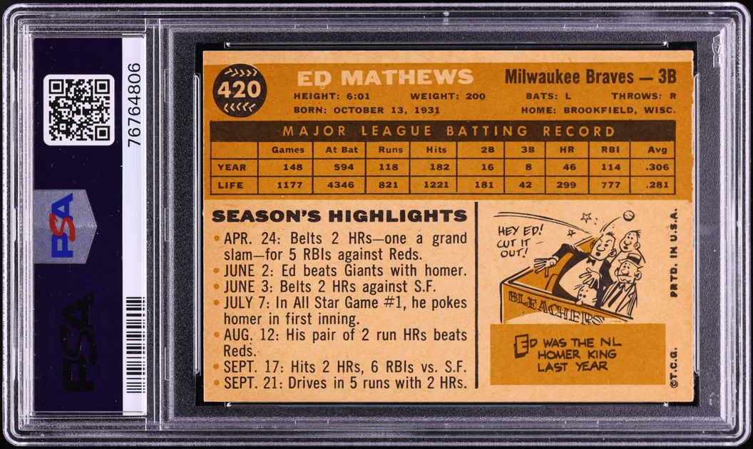 1960 Topps Eddie Mathews #420 PSA 8 NM-MT