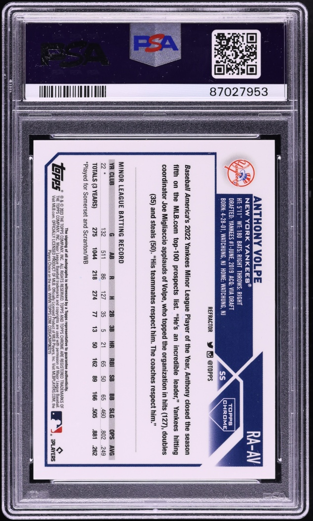 2023 Topps Chrome Refractor Anthony Volpe ROOKIE AUTO /499 #RAAV PSA 9 MINT