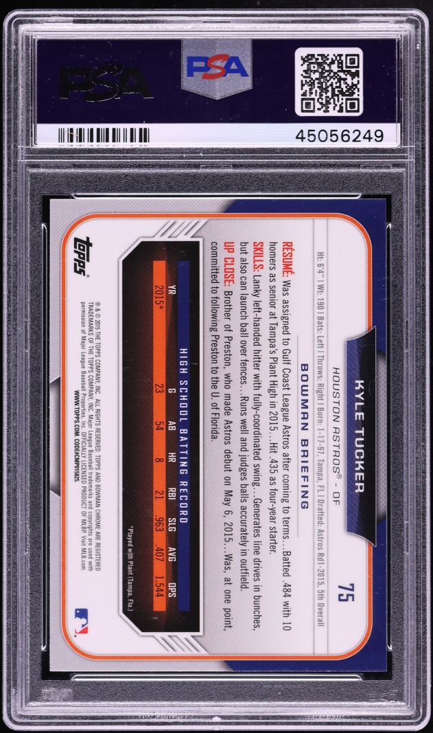 2015 Bowman Chrome Draft Asia Black Refractor Kyle Tucker PROSPECT #75 PSA 10 GEM MINT