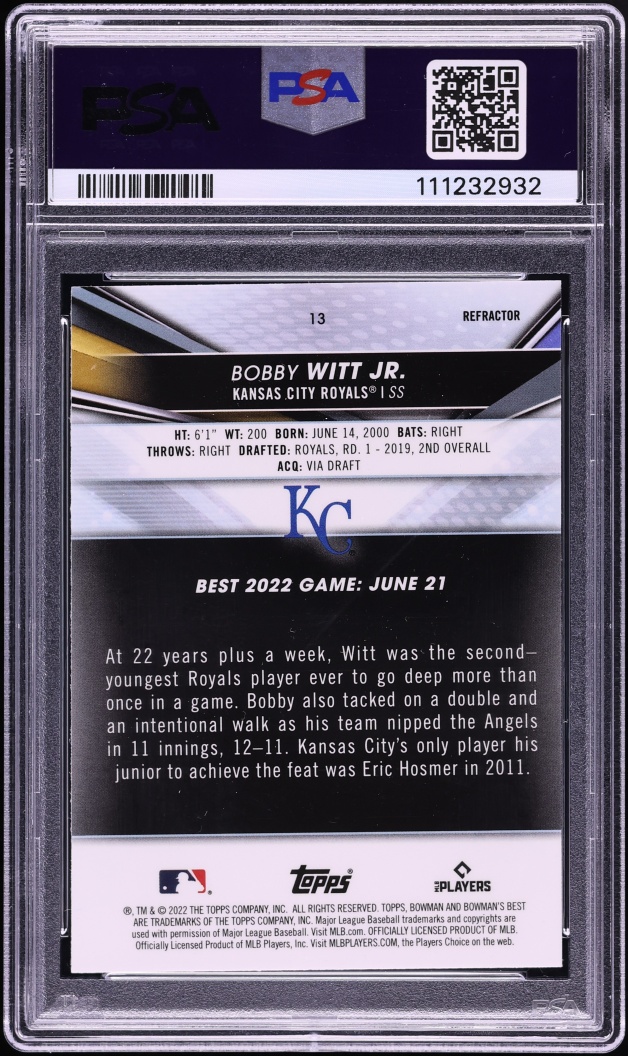 2022 Bowman's Best Refractor Bobby Witt Jr. ROOKIE #13 PSA 10 GEM MINT