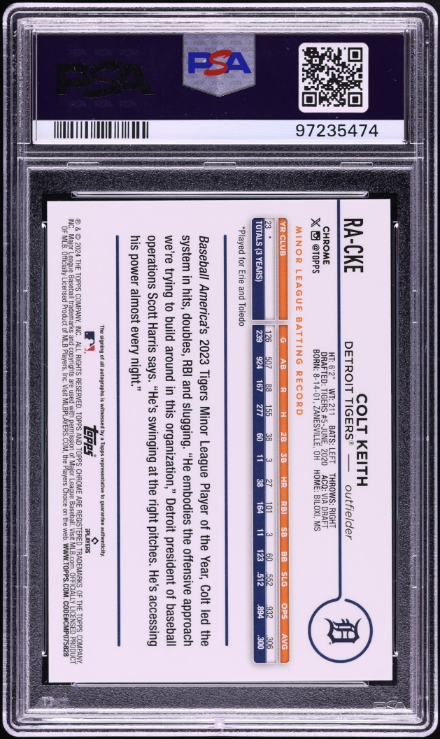 2024 Topps Chrome Purple Speckle Refractor Colt Keith ROOKIE AUTO /299 #RACKE PSA 10 GEM MINT