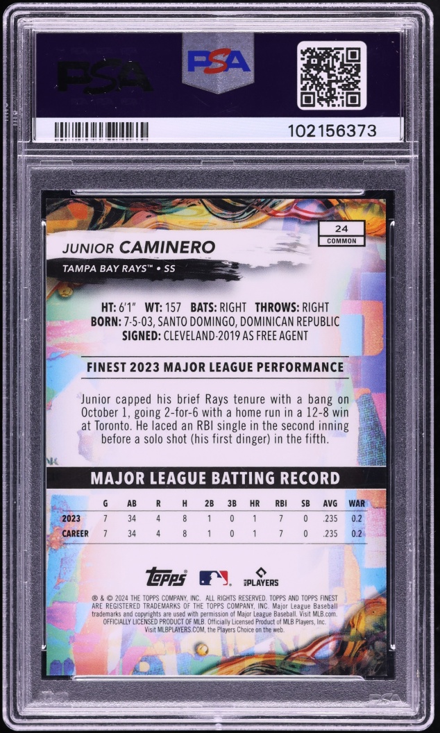 2024 Finest Purple Refractor Junior Caminero ROOKIE /250 #24 PSA 10 GEM MINT