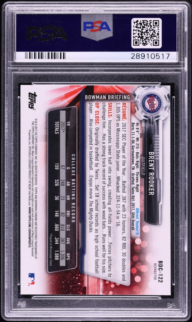 2017 Bowman Chrome Refractor Brent Rooker PROSPECT #BDC122 PSA 10 GEM MINT