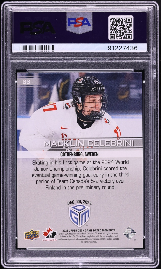 2023 Upper Deck Game Dated Moments Macklin Celebrini #66 PSA 9 MINT