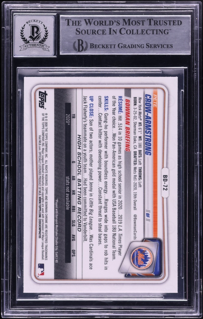 2020 Bowman Chrome Draft Pete Crow-Armstrong PROSPECT AUTO #BD-72 BGS AUTH