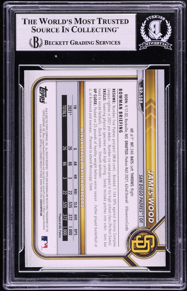 2022 Bowman James Wood PROSPECT AUTO #BP108 BGS AUTH