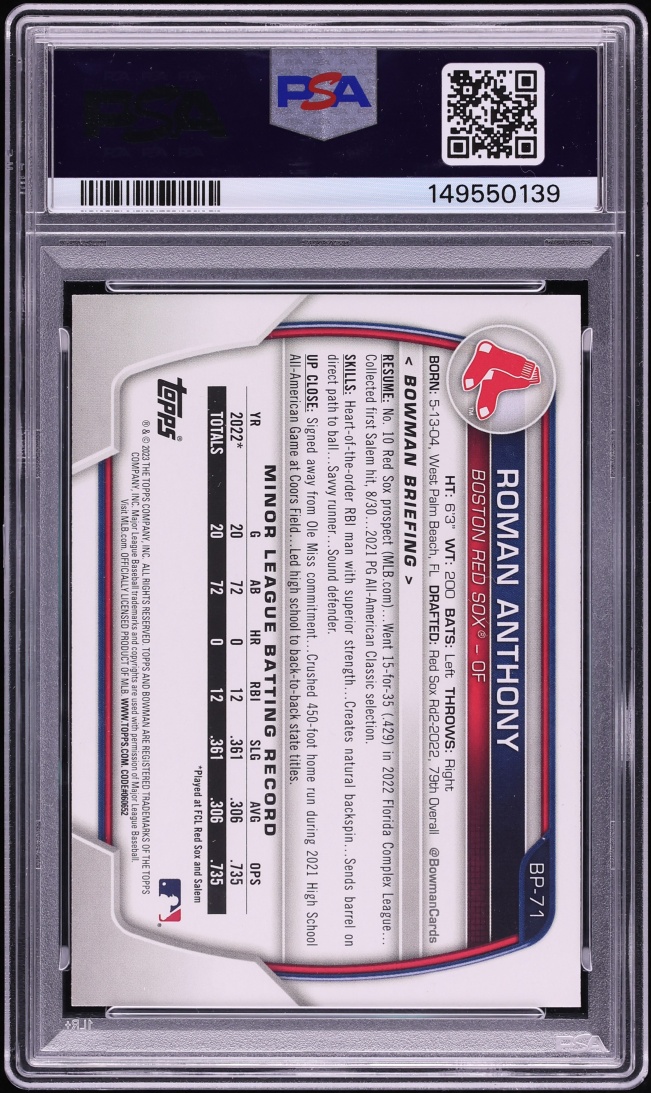 2023 Bowman Paper Roman Anthony PROSPECT #BP-71 PSA 10 GEM MINT