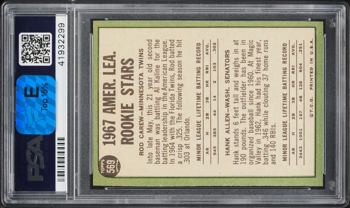 1967 Topps Rod Carew Hank Allen A.L ROOKIE #569 PSA 8.5 NM-MT+
