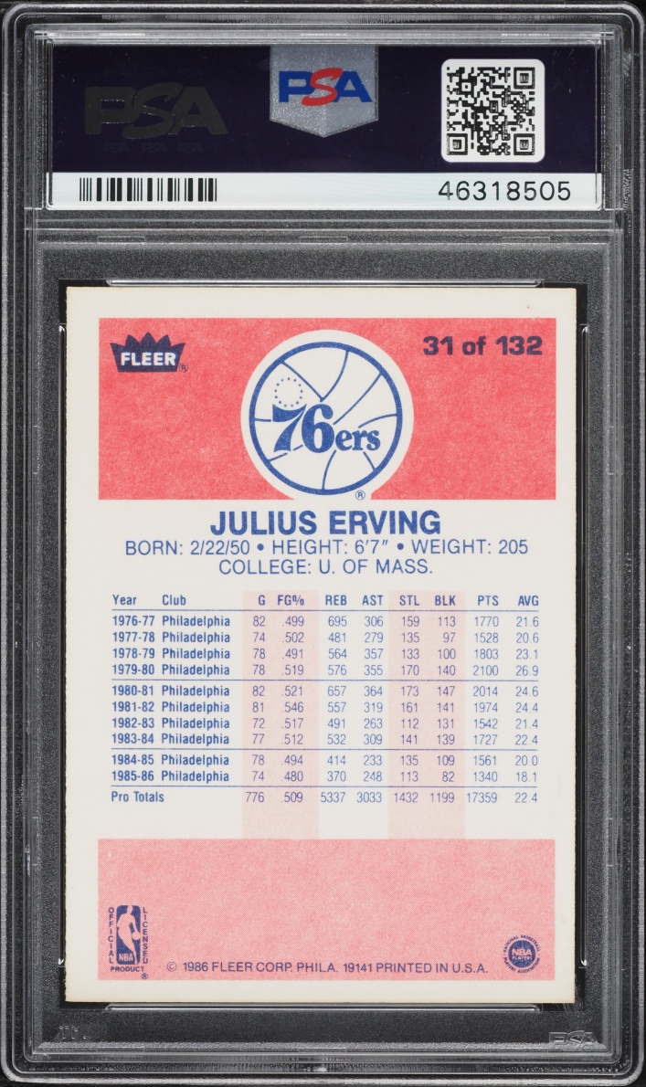 1986 Fleer Basketball Julius Erving #31 PSA 9 MINT