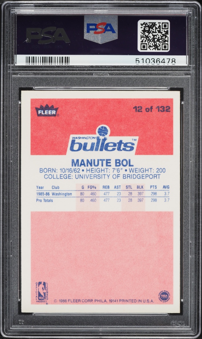 1986 Fleer Basketball Manute Bol ROOKIE #12 PSA 9 MINT