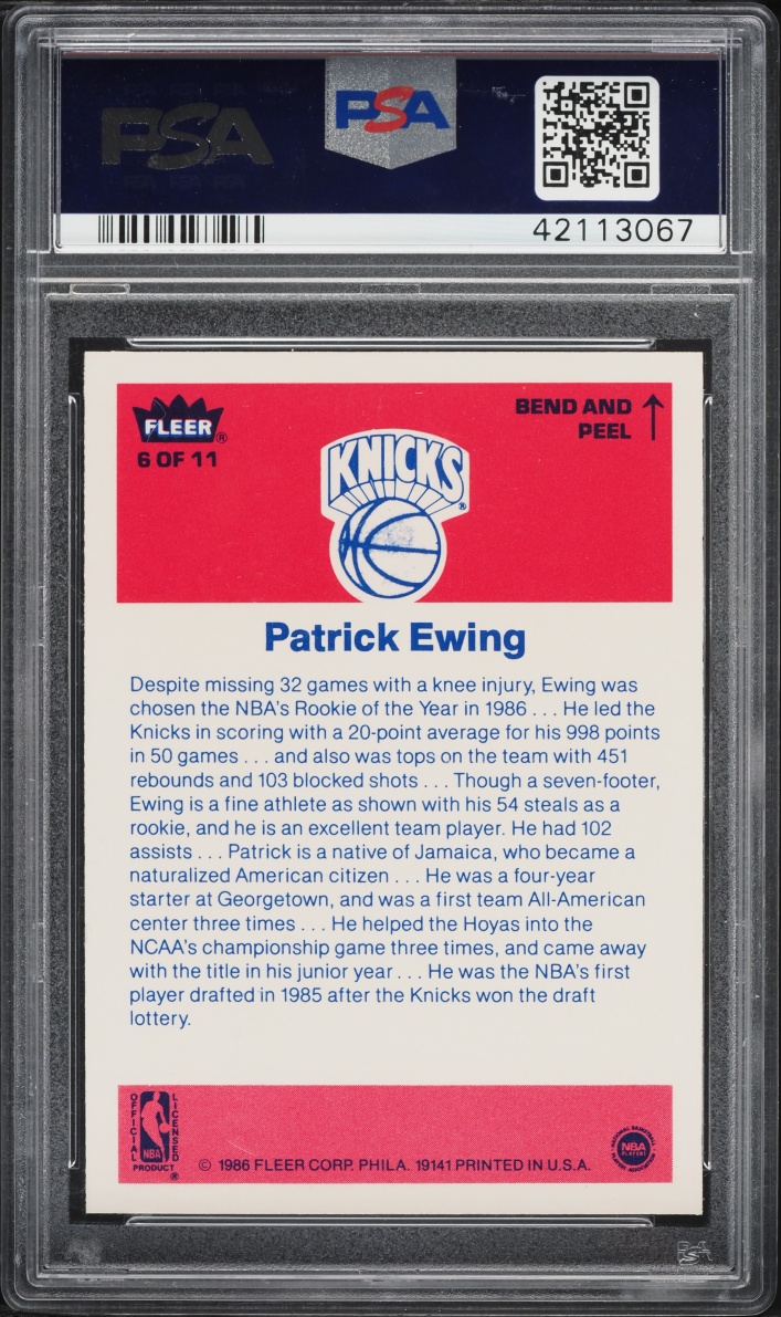1986 Fleer Sticker Basketball Patrick Ewing #6 PSA 9 MINT