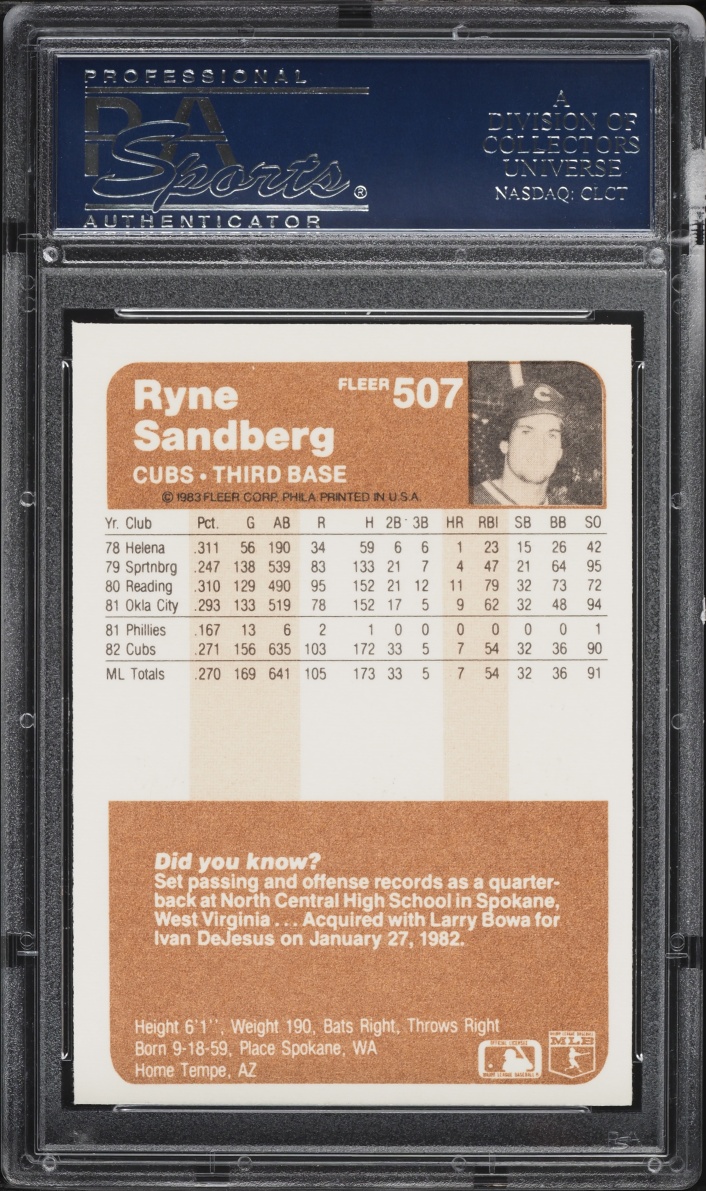 1983 Fleer Ryne Sandberg ROOKIE #507 PSA 10 GEM MINT