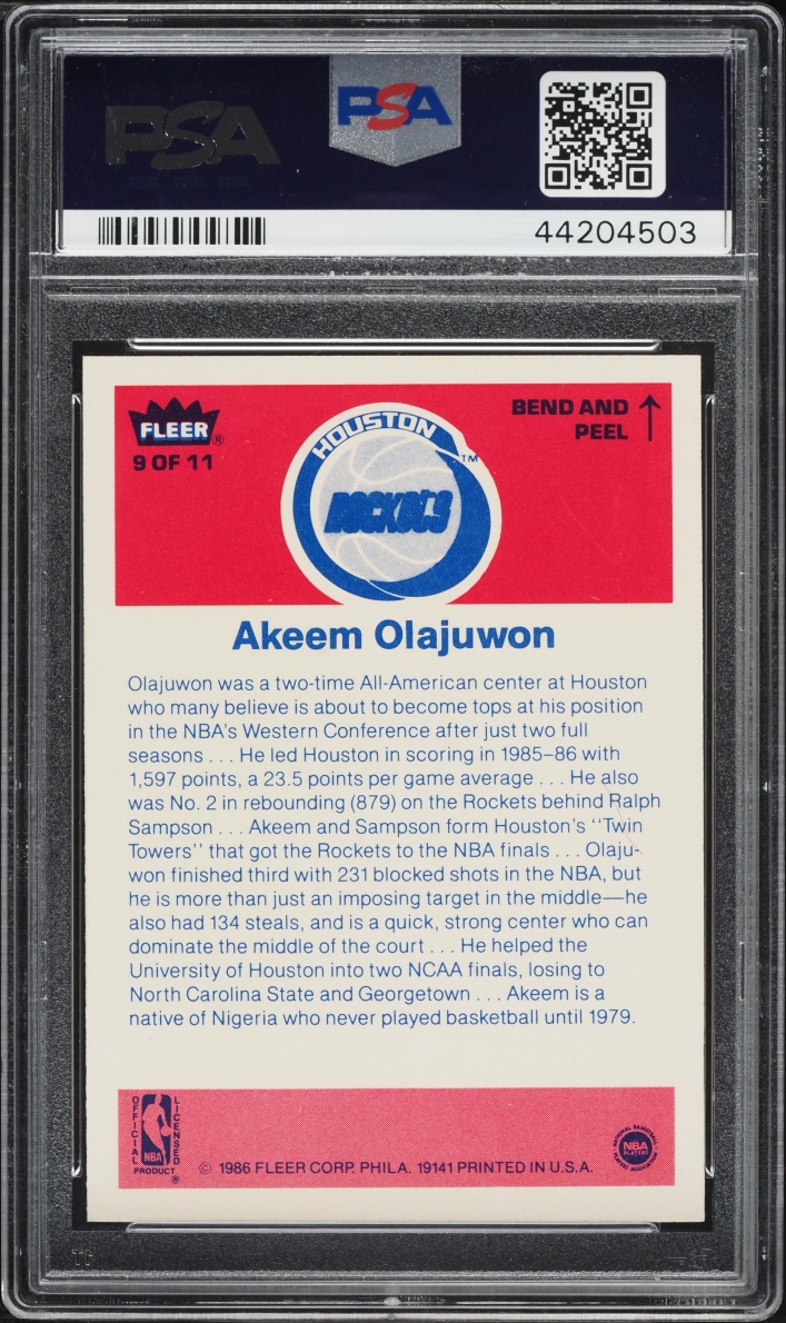 1986 Fleer Sticker Hakeem Olajuwon ROOKIE #9 PSA 9 MINT