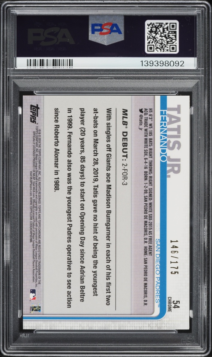 2019 Topps Chrome Update Purple Refractor Fernando Tatis Jr. ROOKIE /175 #54 PSA 9 MINT